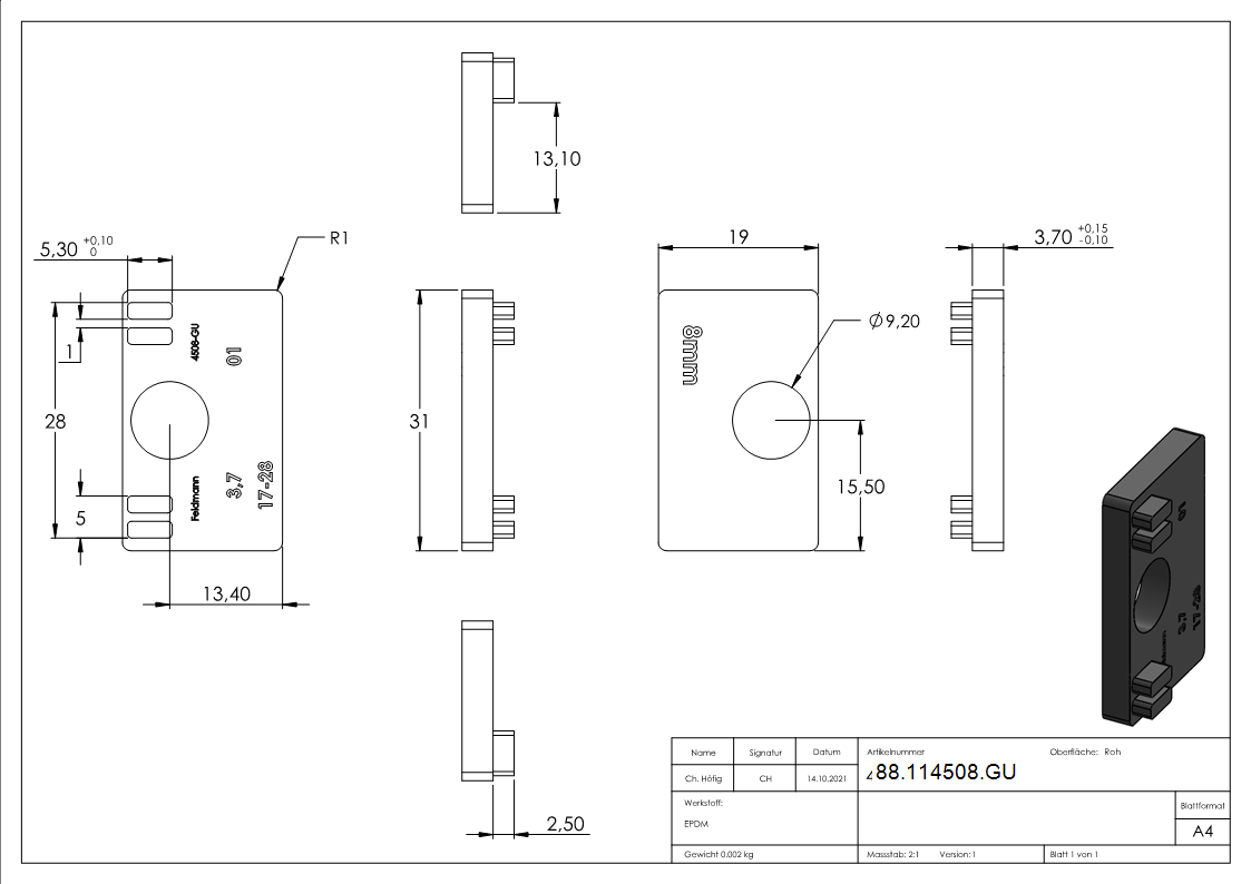 Gummieinlage Gummi fuer Glas 8-00 mm fuer Glasklemme Mod- 45-88-114508.GU