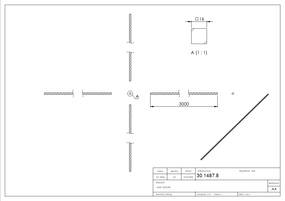 Vierkant gehaemmert - Material- 16x16 mm - Laenge- 3000 mm - Stahl -Roh- S235JR-30-1487.8