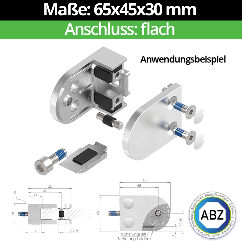 Glasklemme AbZ 63x45x30 mm Flach- fuer 10-76 mm VSG Glas- Nein - Ohne Sicherungsstift- Nein - Ohne Sicherungsboden-10-MODELL38-1-11-1.1