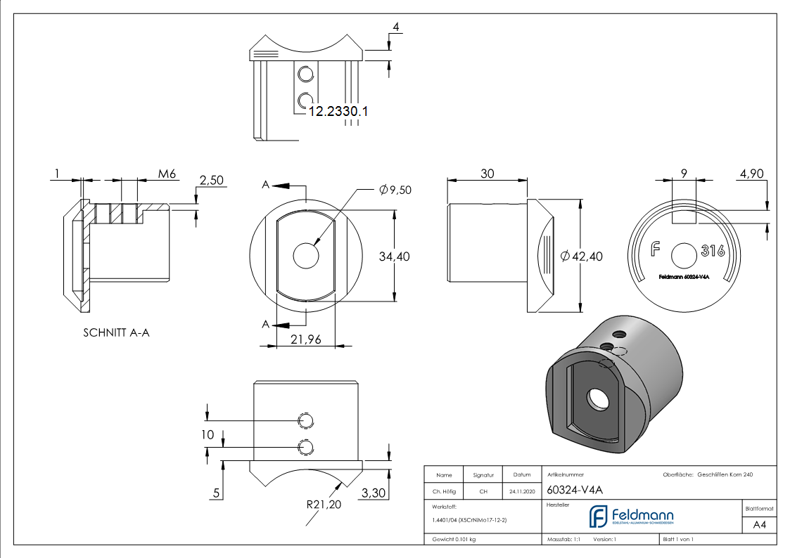 Adapter - fuer Nutrohr Ø 42-4 mm - V4A-12-2330.1