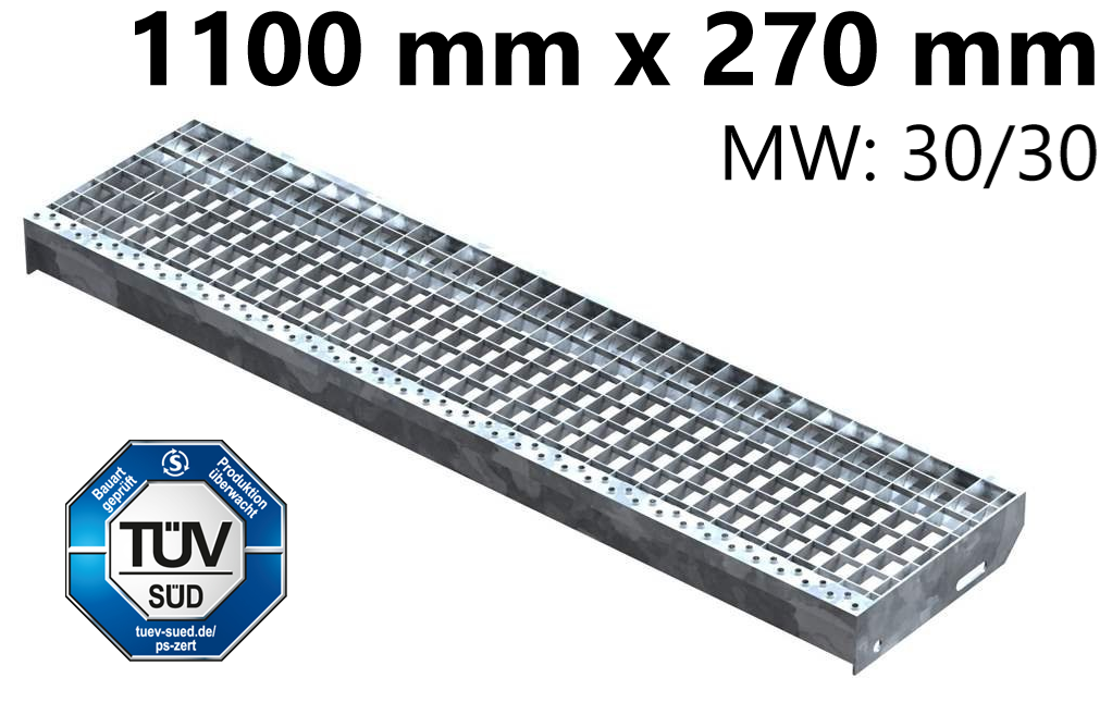 Gitterroststufe Treppenstufe Masse- 1100x270 mm 30-30 mm S235JR -St37-2- im Vollbad feuerverzinkt-40-1102730.7