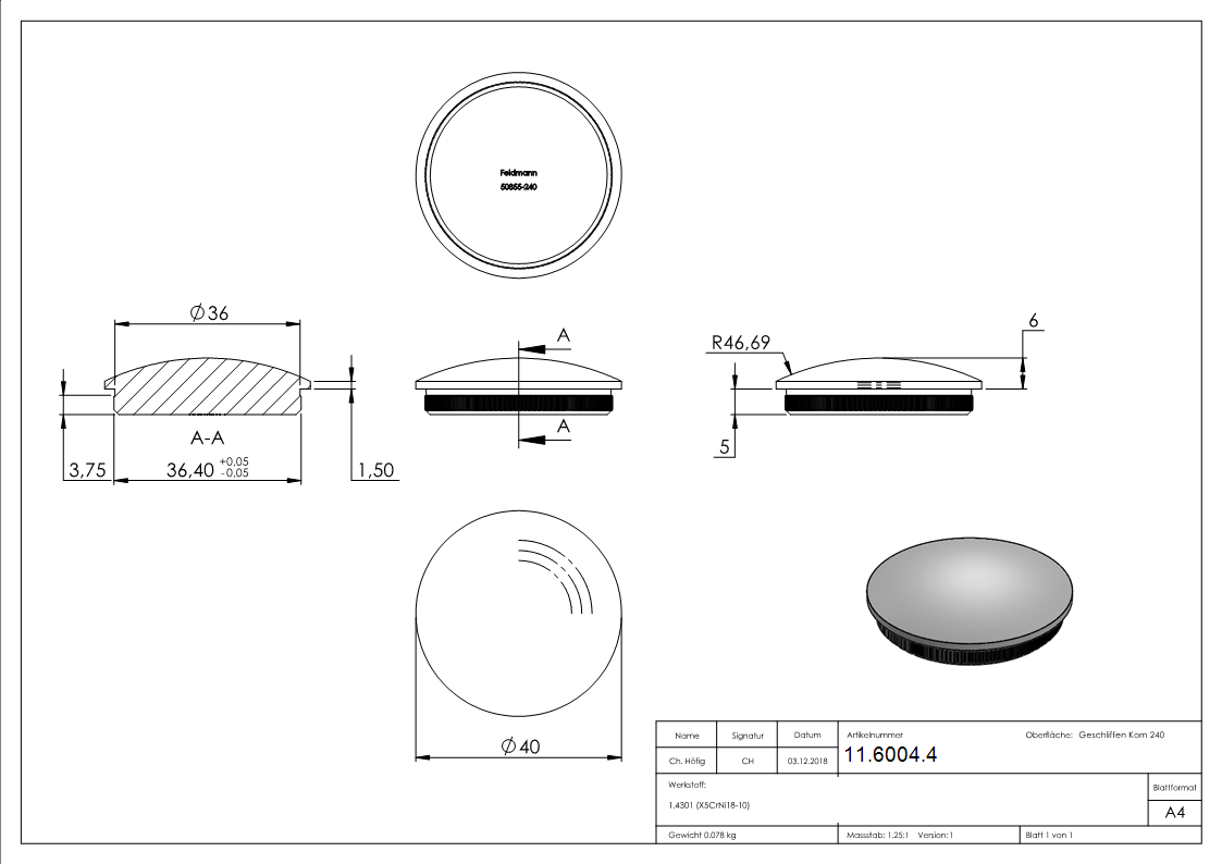 Einsteckkappe V2A fuer Rohr Ø 40x2-0 mm- leicht gewoelbt- mit Raendelung-11-6004.4