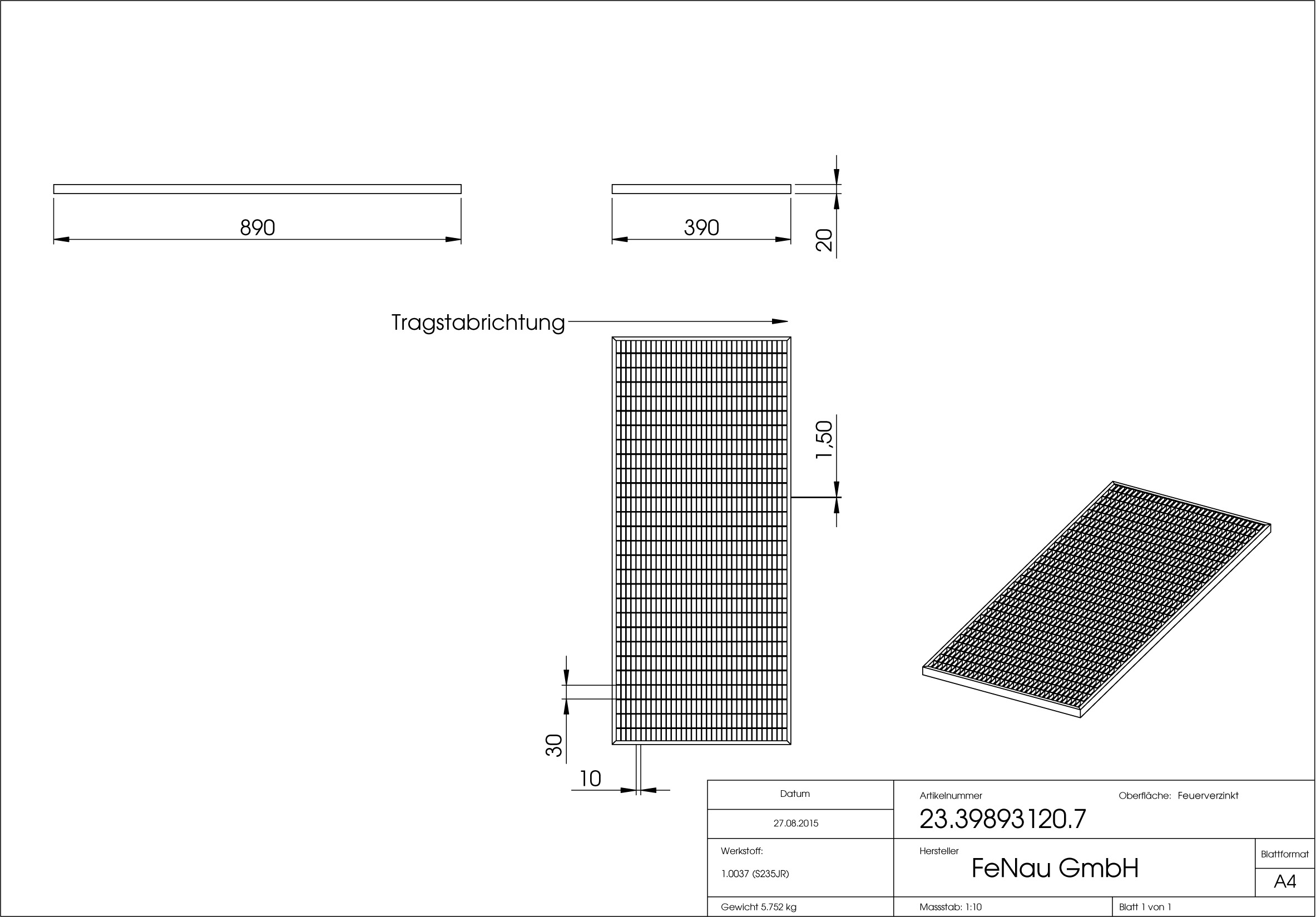 Lichtschachtrost Baunormrost - Masse-  390x890x20 mm 30-10 mm - aus S235JR -St37-2- im Vollbad feuerverzinkt-23-39893120.7