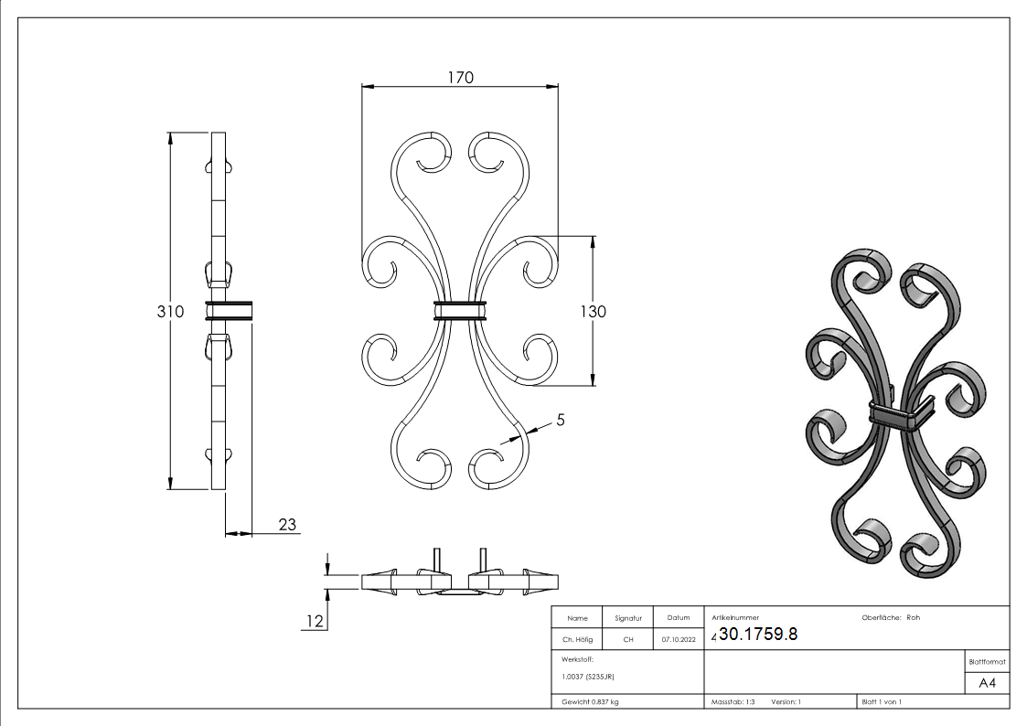 Leichtbarock - Masse- 310x170 mm - Material 12x5 mm - Stahl S235JR- roh-30-1759.8