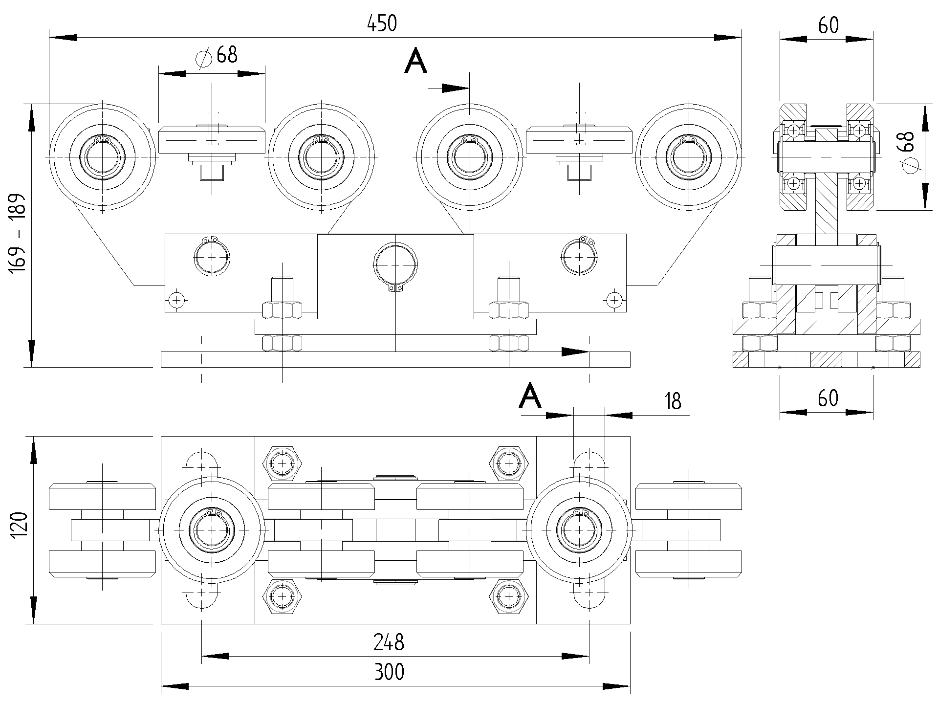 Doppel-Laufwagen 10-rollig Stahl feuerverzinkt fuer Profil 80x80 mm HEAVY-89-11H34880X80HEAVY-A.4