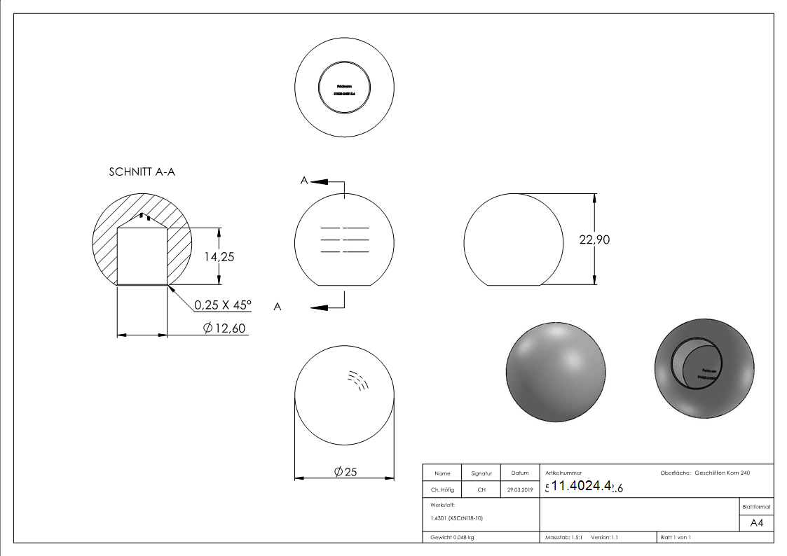 Kugel - Ø 25 mm - mit Sackloch- 12-6 mm - V2A-11-4024.4