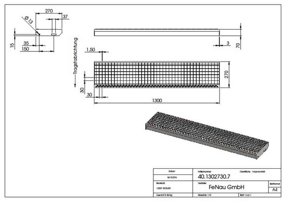 Gitterroststufe Treppenstufe Masse- 1300x270 mm 30-30 mm S235JR -St37-2- im Vollbad feuerverzinkt-40-1302730.7