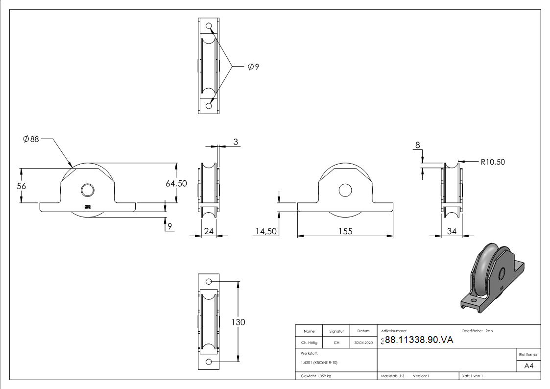Schiebetorrolle Edelstahl V2A Ø 88 mm Rundrille mit Buegel-88-11338-90.VA