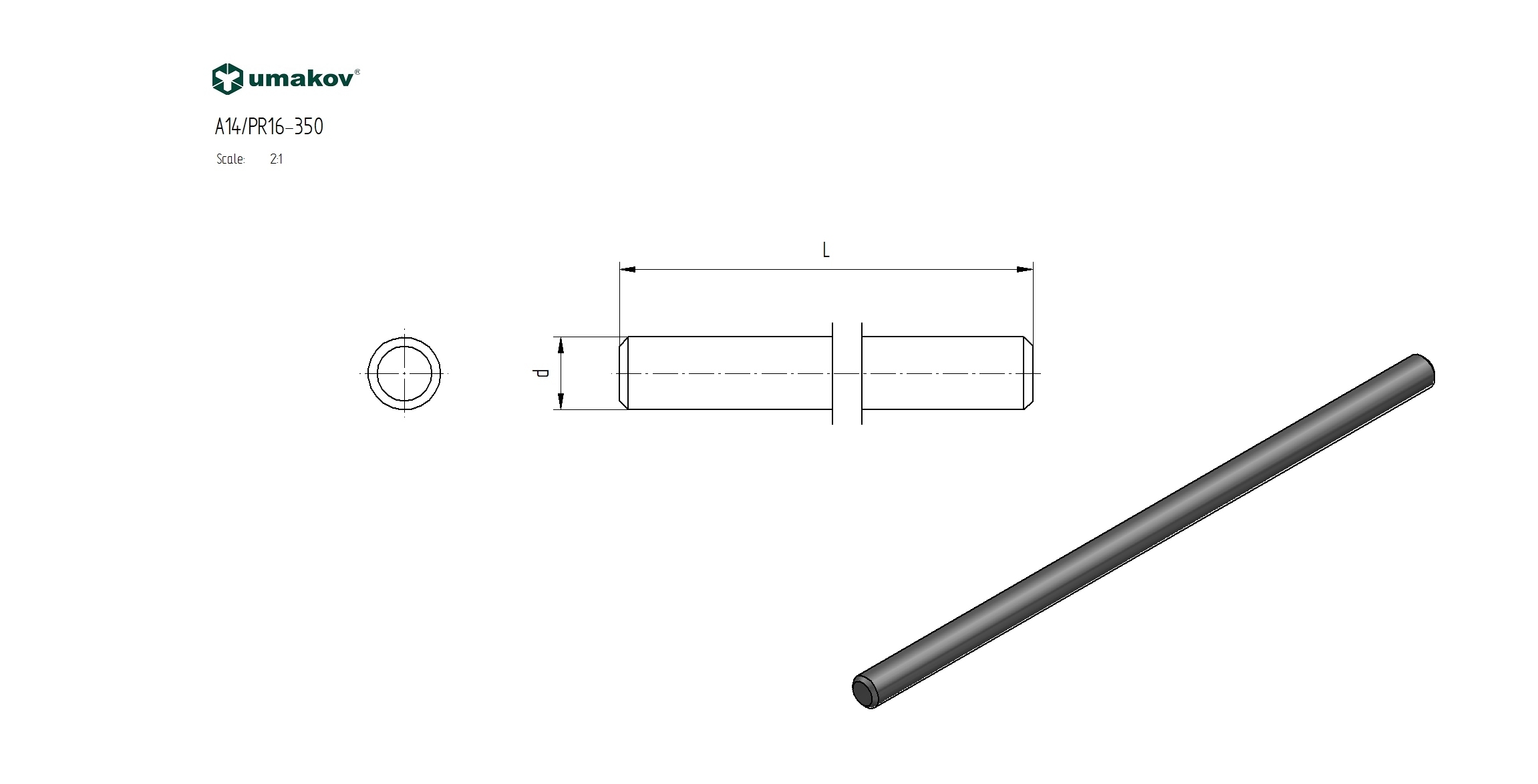Vordachstab Edelstahl AISI 316 Ø 16 mm- L 350 mm geschliffen-89-11A14PR16350-A.4
