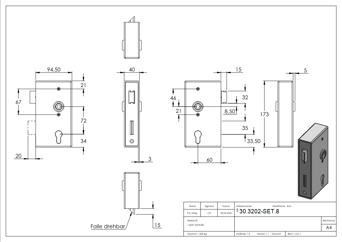 Kastenschloss Set verzinkt 40x60x173 mm eckig-30-3201-SET-8.2