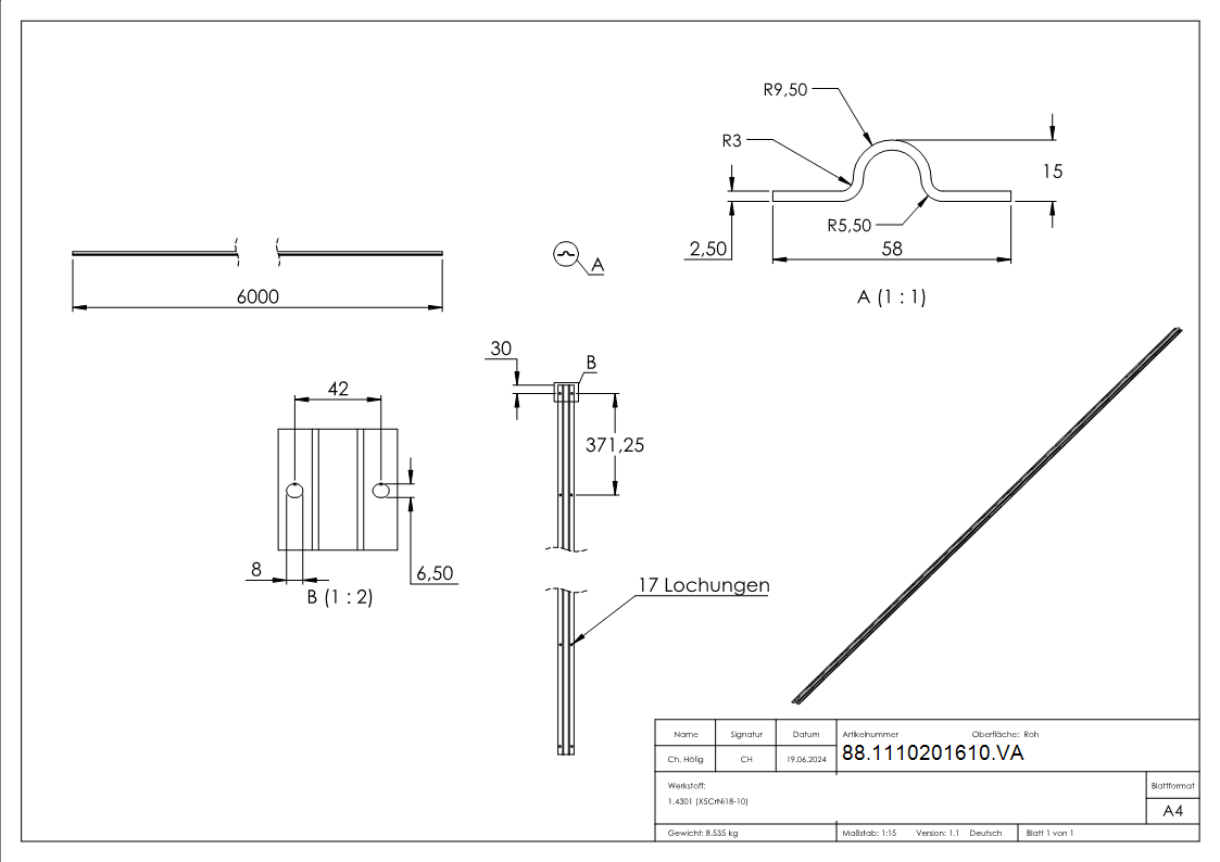 Laufschiene Edelstahl V2A zum Aufschrauben L = 6000 mm- Ø oben 19 mm-88-1110201610.VA