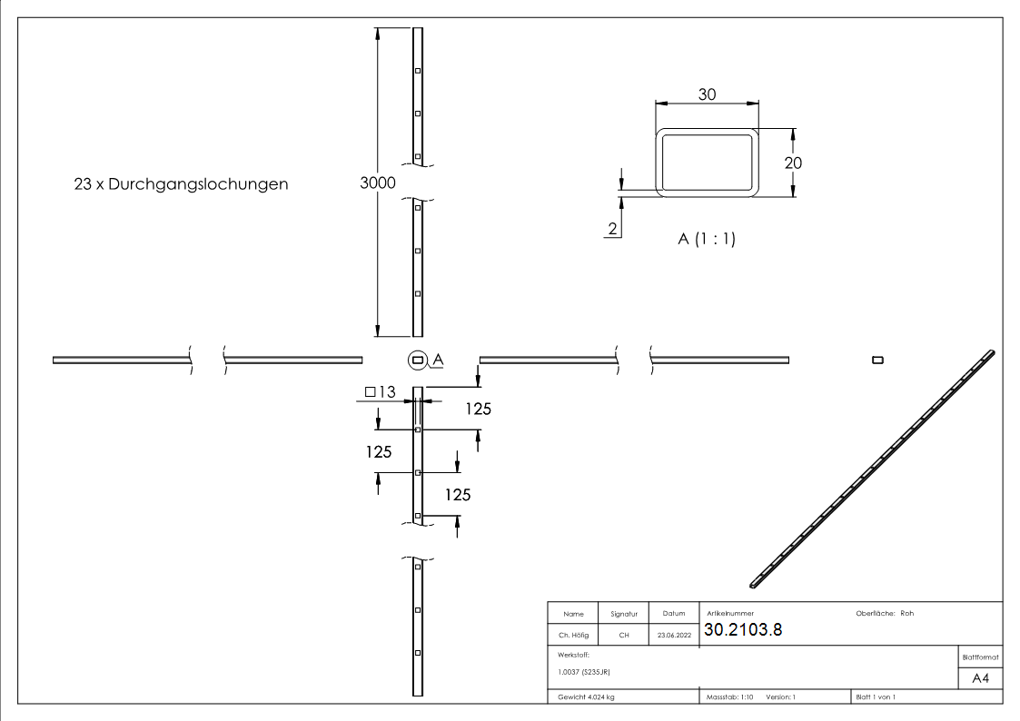 Rechteckrohr - Masse- 30x20x2 mm - Laenge- 3000 mm - Stahl S235JR- roh-30-2103.8