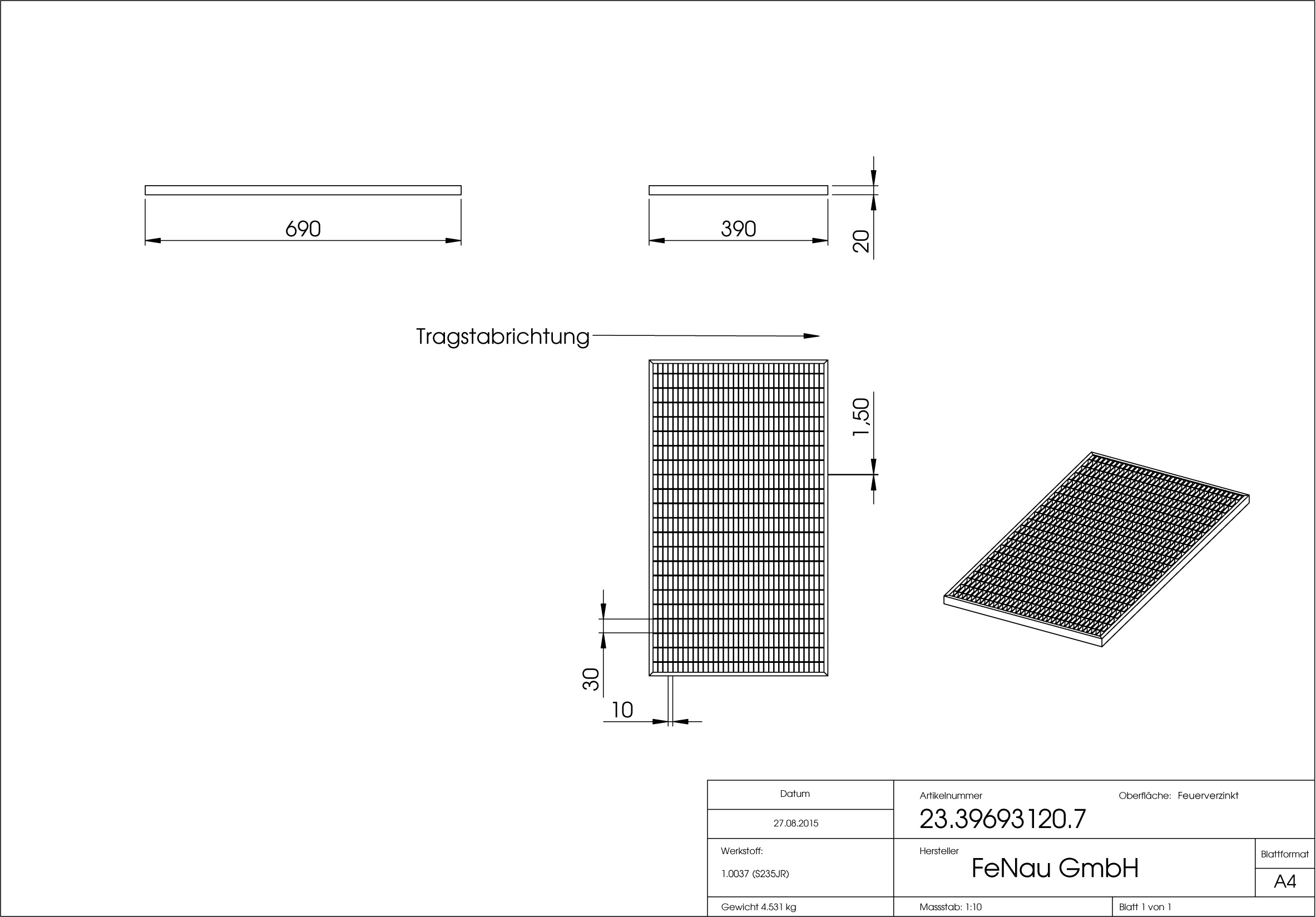 Lichtschachtrost Baunormrost - Masse-  390x690x20 mm 30-10 mm - aus S235JR -St37-2- im Vollbad feuerverzinkt-23-39693120.7
