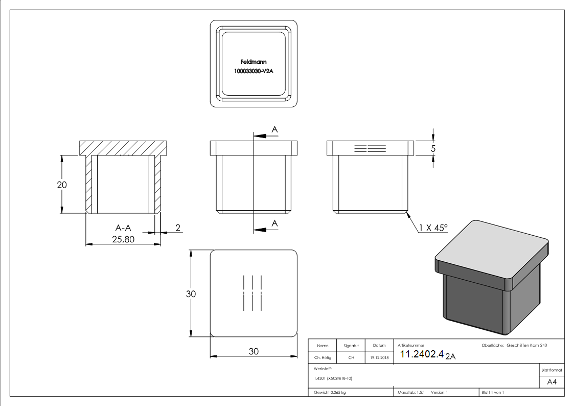 Einsteckkappe V2A Edelstahl fuer Quadratrohr 30x30 mm Wandstaerke 2-0 mm-11-2402.4