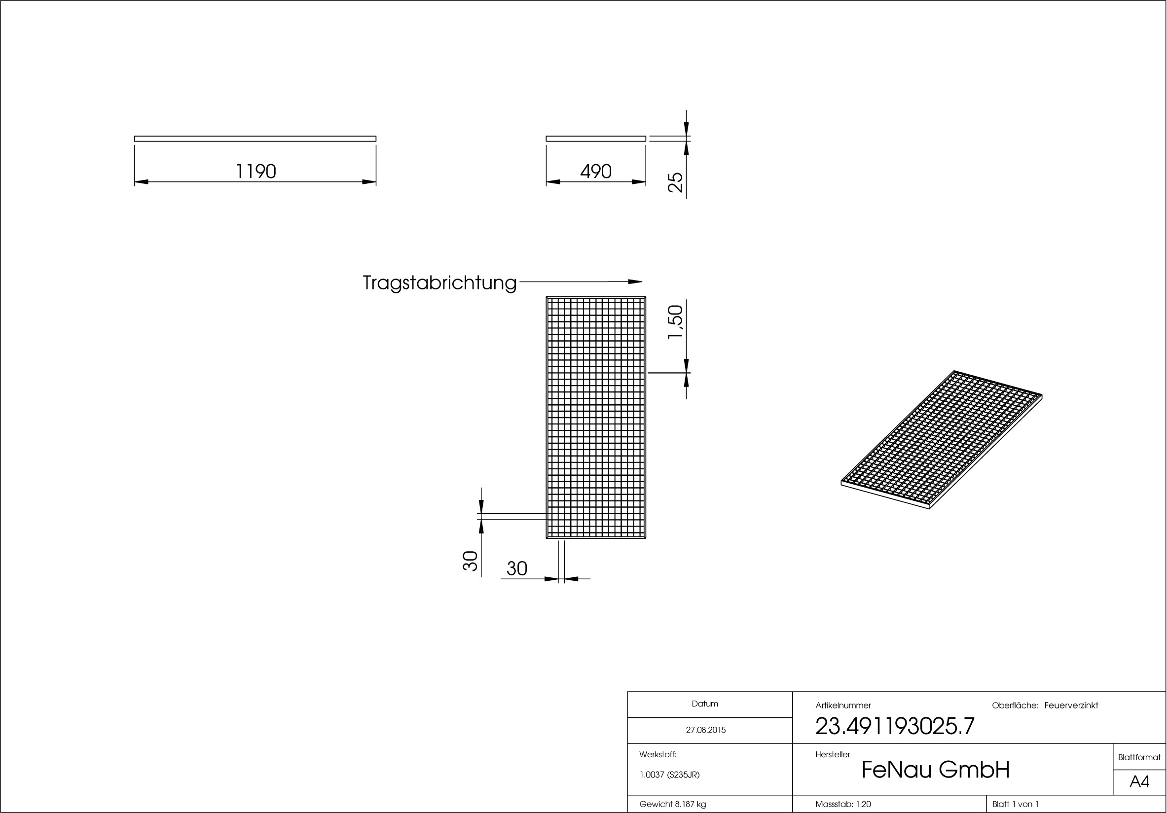 Lichtschachtrost Baunormrost - Masse-  490x1190x25 mm 30-30 mm - aus S235JR -St37-2- im Vollbad feuerverzinkt-23-491193025.7
