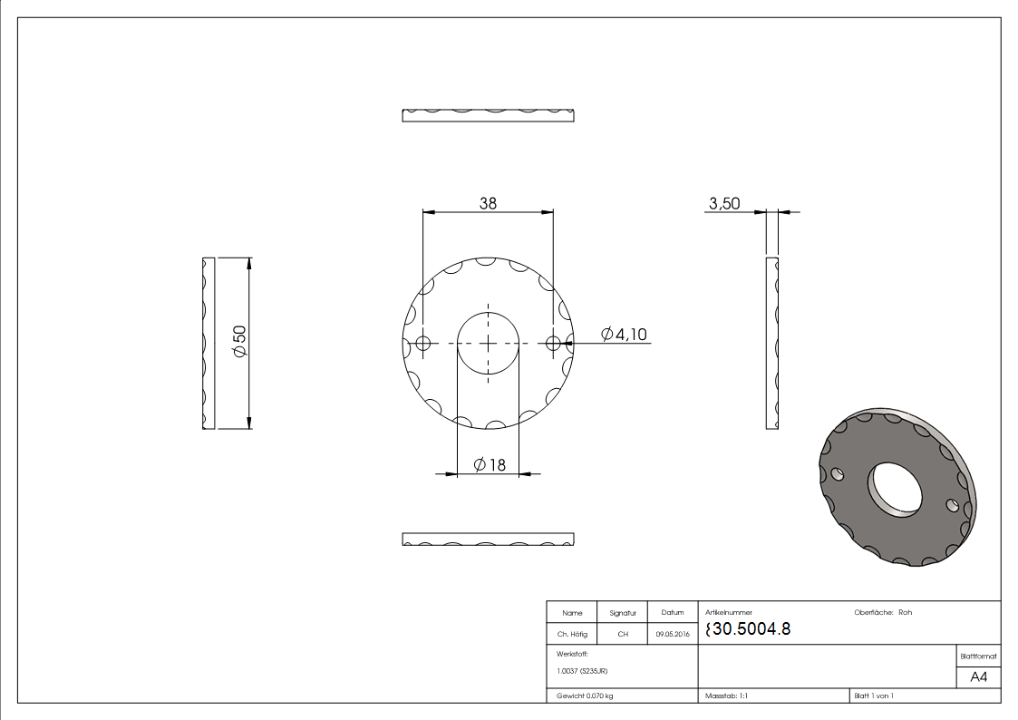 Drueckerrosette - Masse- Ø 50 mm - Stahl -Roh- S235JR-30-5004.8