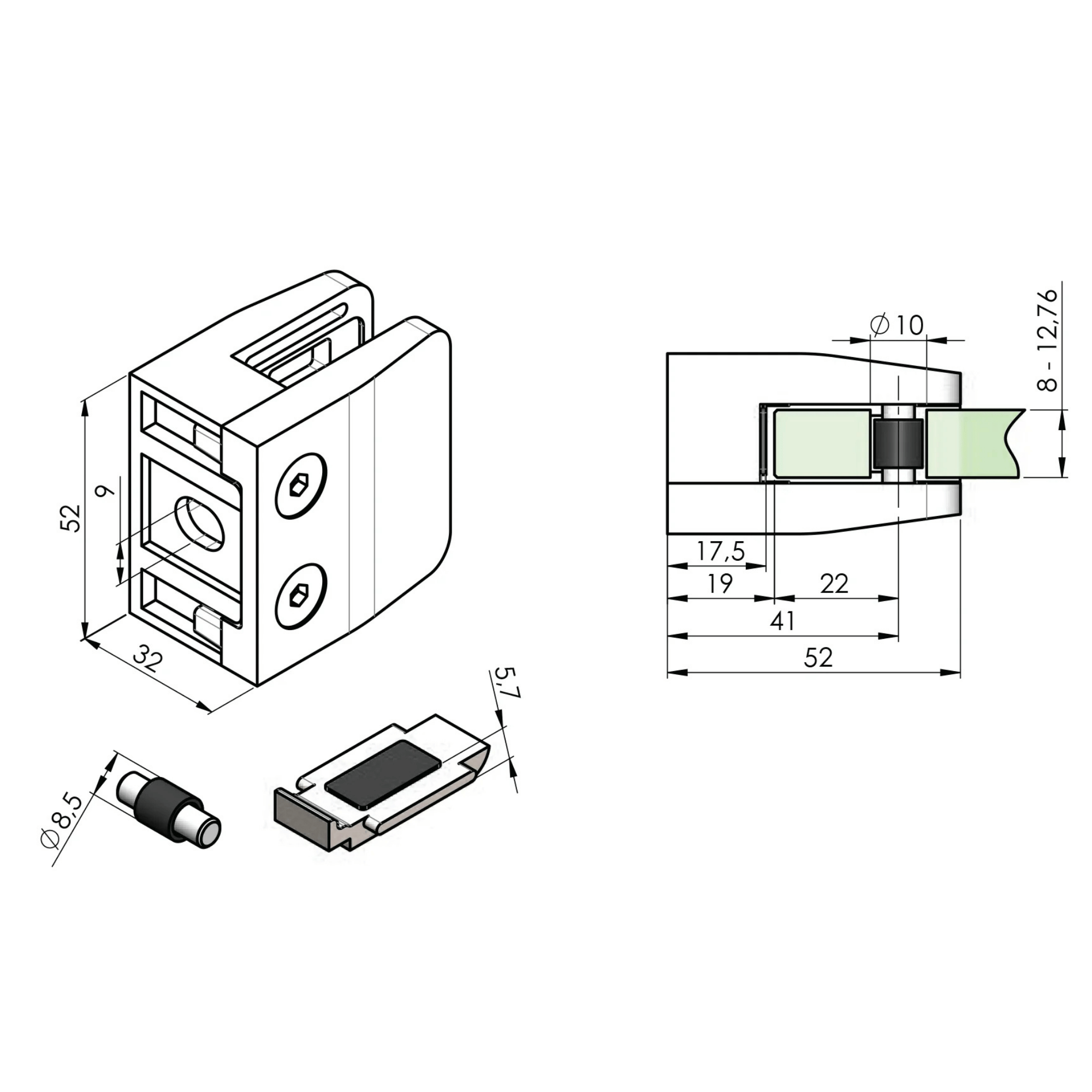 Glashalter Zinkdruckguss fuer Glas 8 - 12-76 mm fuer Flachanschluss roh 4er Set-89-11ZN2600000SET4-A.4