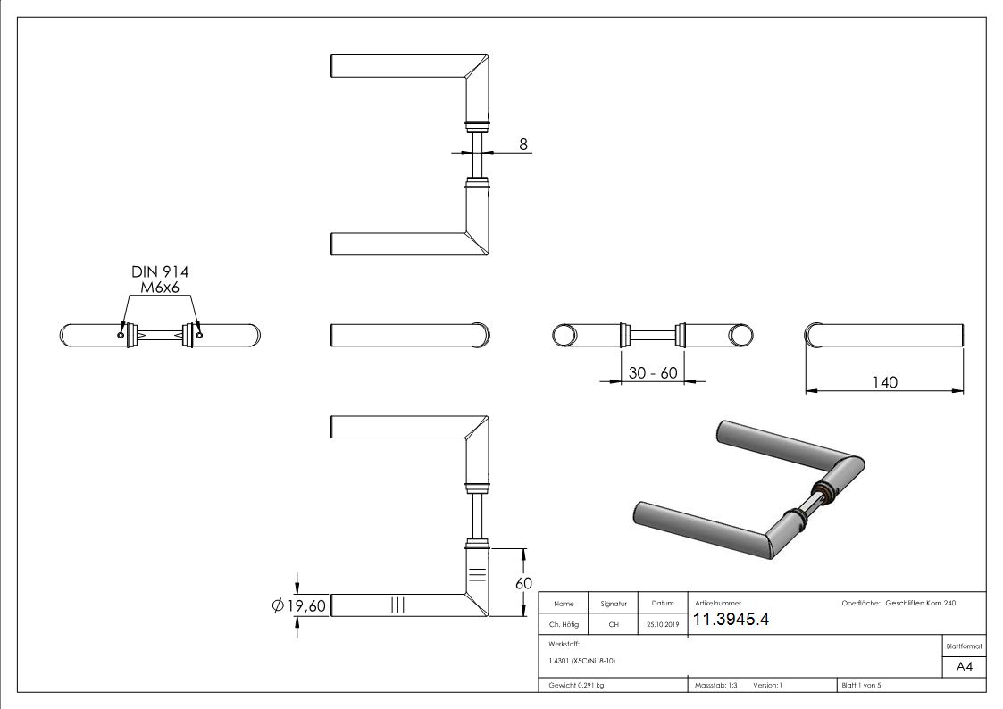 Tuerdruecker-Paar V2A Edelstahl fuer Kastendicke 30-60 mm mit 8 mm Vierkantstift-11-3945.4