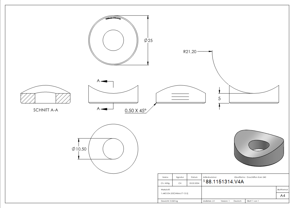 Ausgleichsstueck Edelstahl V4A fuer Rohr Ø 42-4 mm- Ø 25 mm- Bohrung Ø 10-5 mm -ohne Senkung-88-1151314.V4A
