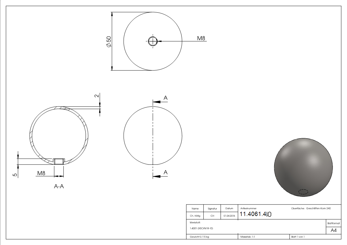 Hohlkugel - Ø 50 mm - mit Gewinde- M8 - V2A-11-4061.4