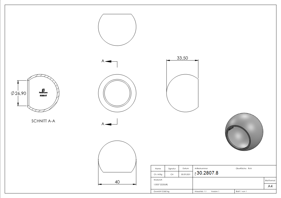 Abschlusskugel Ø 40 mm - fuer Ø 26-9 mm- Stahl S235JR- roh-30-2807.8