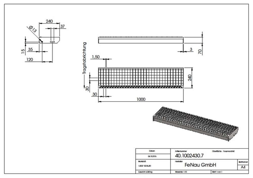 Gitterroststufe Treppenstufe Masse- 1000x240 mm 30-30 mm S235JR -St37-2- im Vollbad feuerverzinkt-40-1002430.7