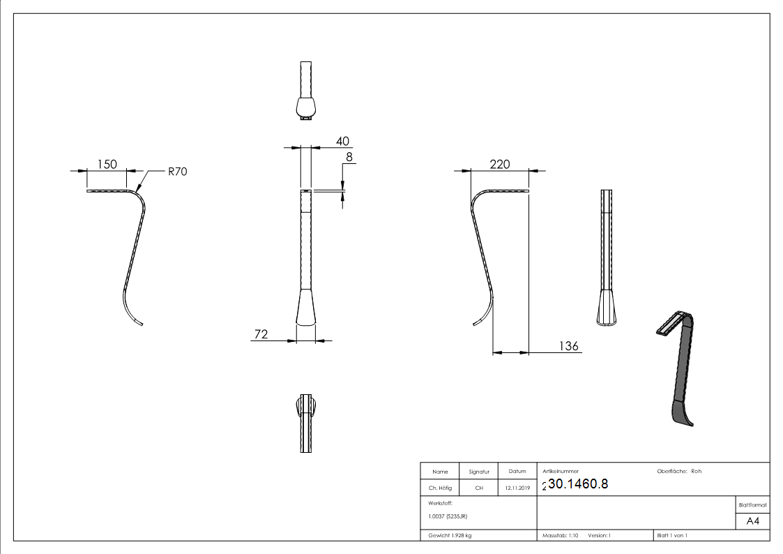 Handlauf-Endstueck 40x8 mm Kanten gehaemmert Stahl S235JR passt zu  30-1370-8-30-1460.8