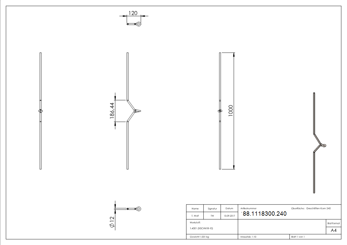 Oesenstab halb Edelstahl V2A Ø 12 mm L = 1000 mm geschliffen Korn 240-88-1118300.240