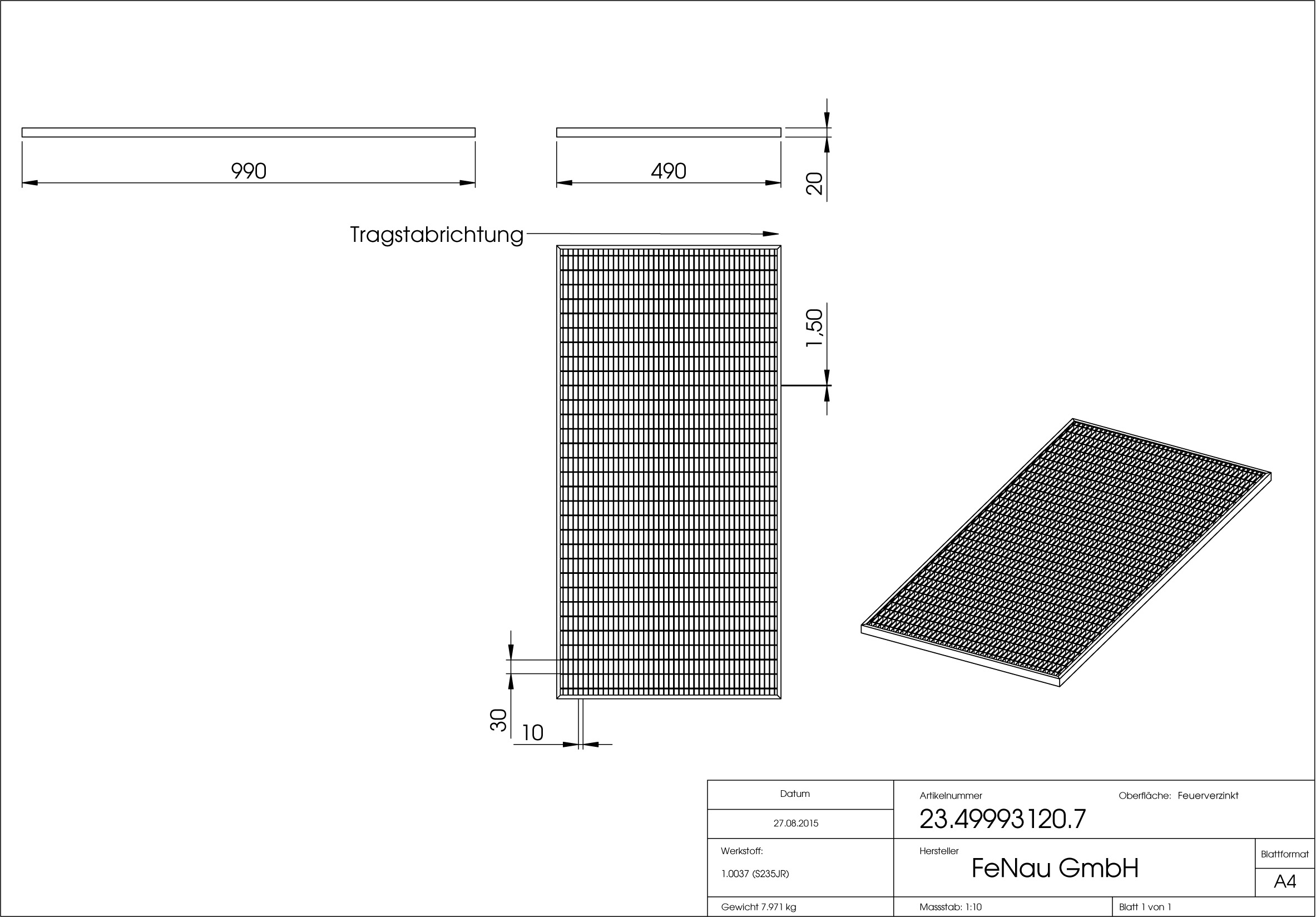 Lichtschachtrost Baunormrost - Masse-  490x990x20 mm 30-10 mm - aus S235JR -St37-2- im Vollbad feuerverzinkt-23-49993120.7