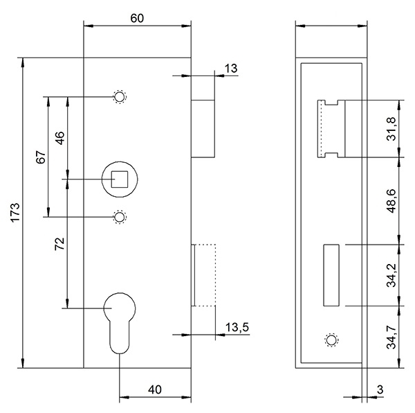 Kastenschloss verzinkt 40x60x173 mm mit Edelstahl Stulp-30-3201.8