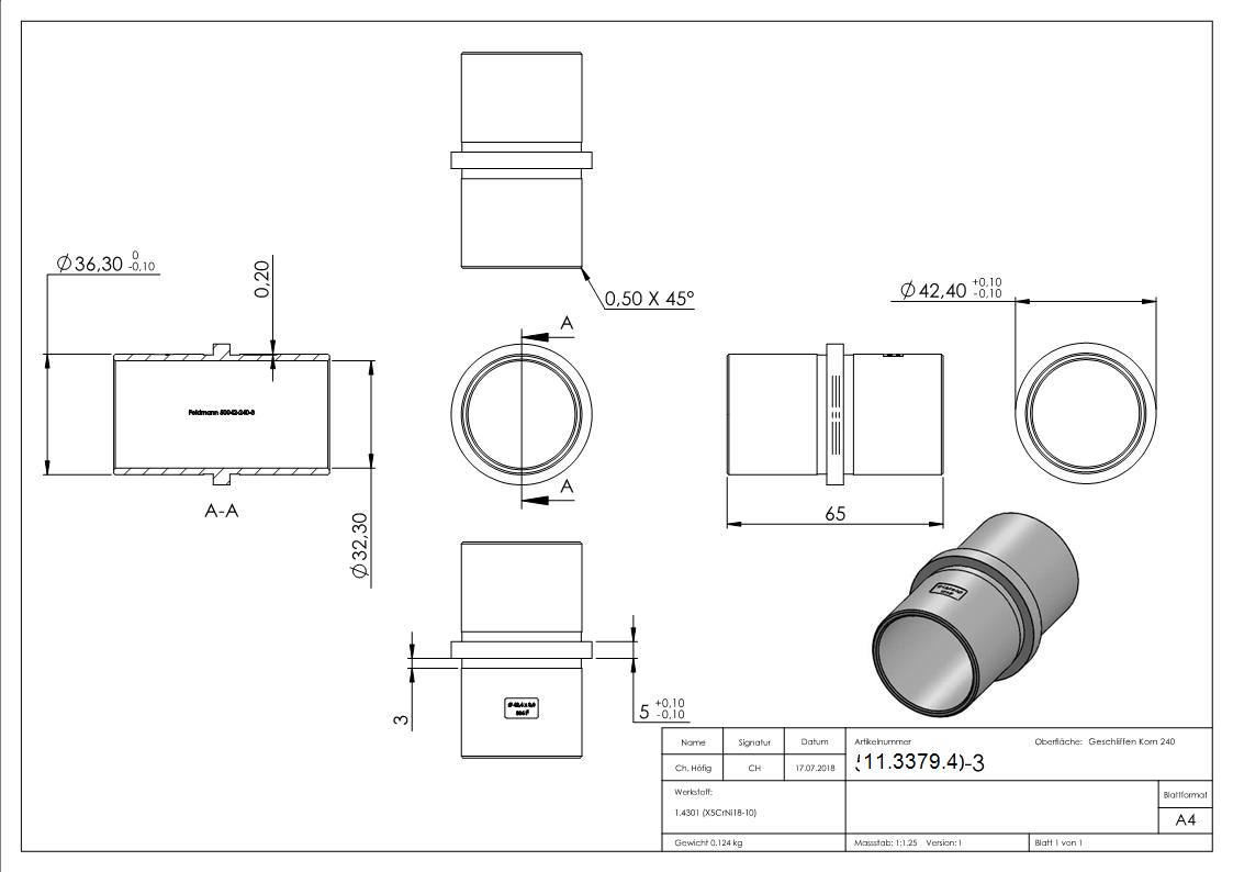 Rohrverbinder V2A Ø 42-4 x 3-0 mm Rohr L 65 mm mit Mittelsteg-11-3379.4