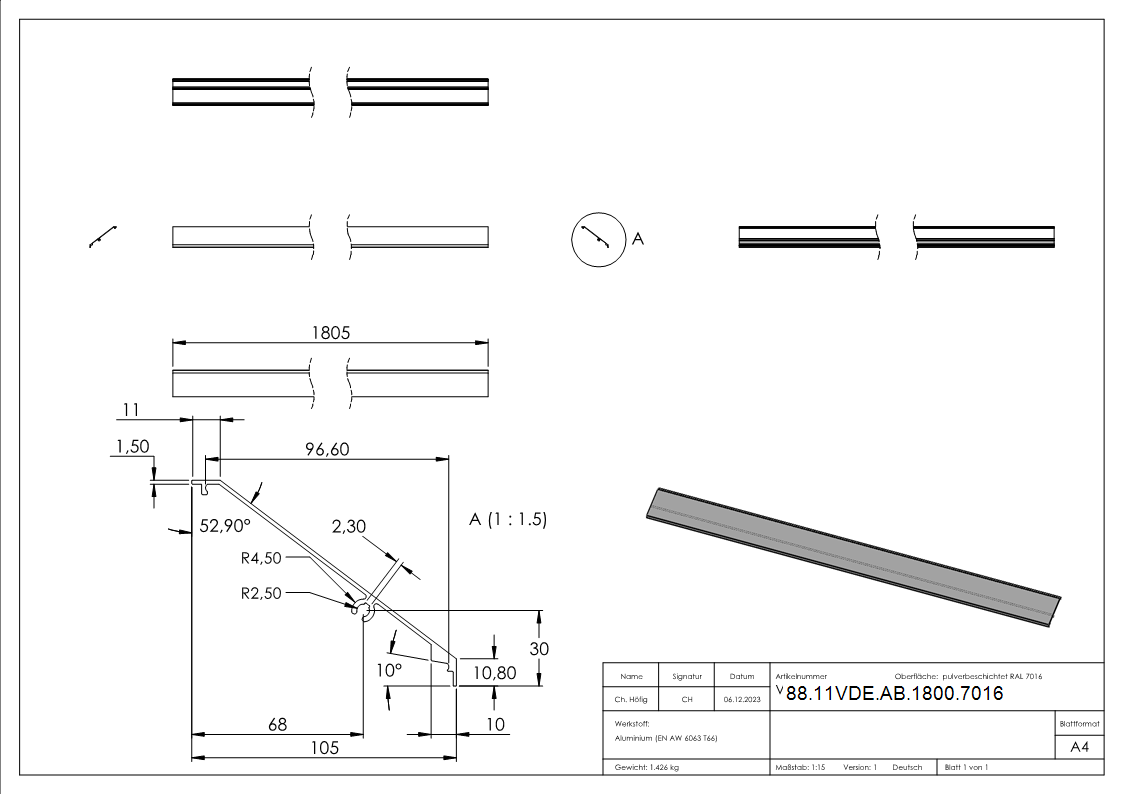Design-Abdeckung fuer eleganza canopy- L- 1805mm- RAL7016-88-11VDE-AB-1800.7016