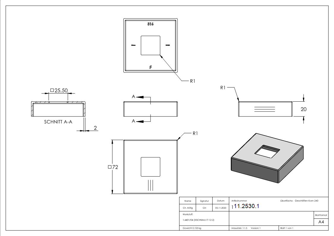 Abdeckrosette 72x72x20 mm fuer Vierkantrohr 25x25 mm V4A-11-2530.1