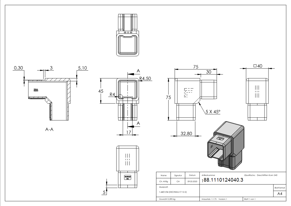 Steckverbinder V4A fuer 40x40x3 mm Rohr 90°-88-1110124040.3