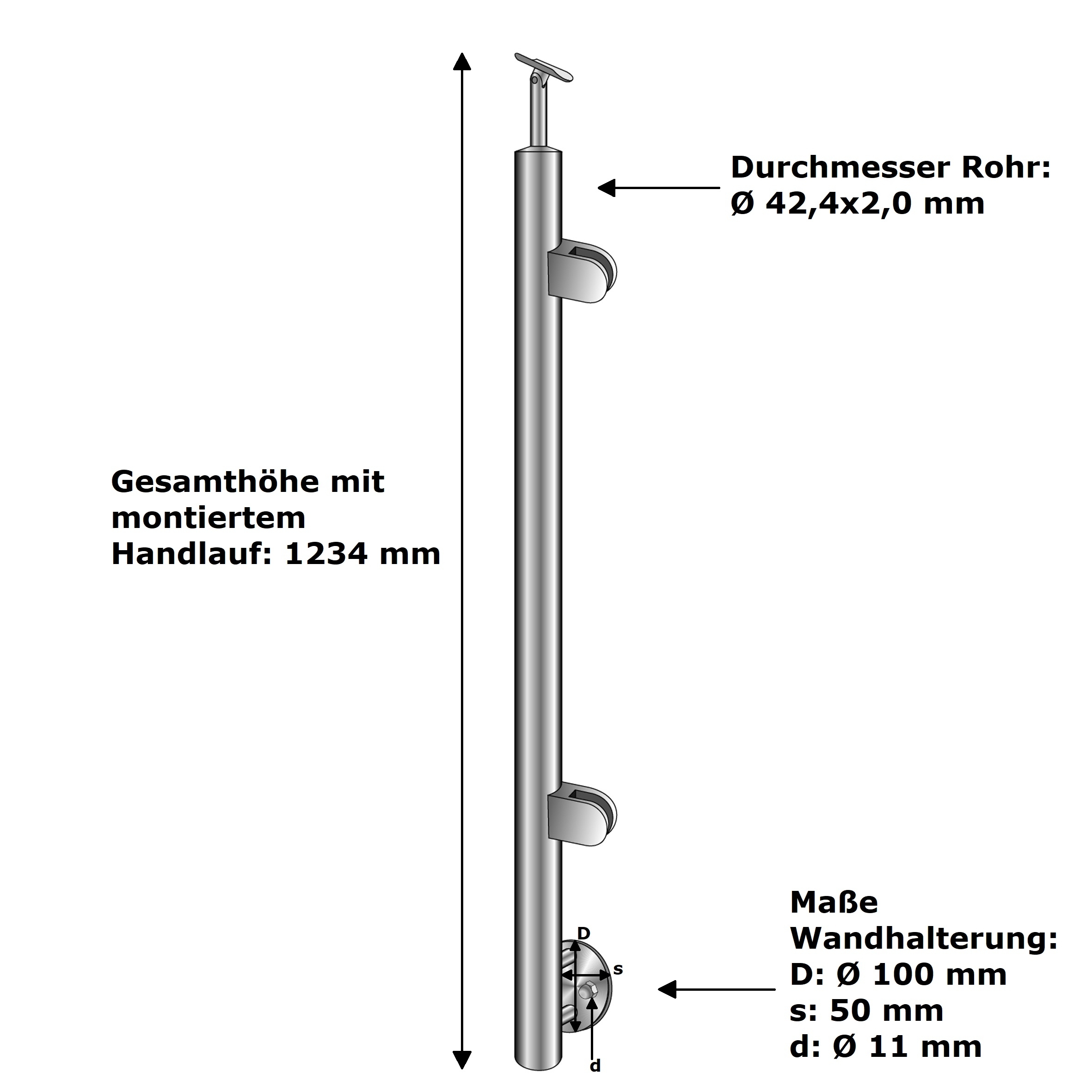 Gelaenderpfosten V2A 1000 mm Seitenmontage Glas Treppe rechts geschliffen-14-0043RG-A.4