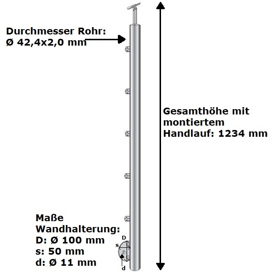 Gelaenderpfosten V2A 1000 mm Ø 42-4 mm seitlich Treppe 5x Fuellstabhalter Ø 12 mm-14-0069RR-A.4