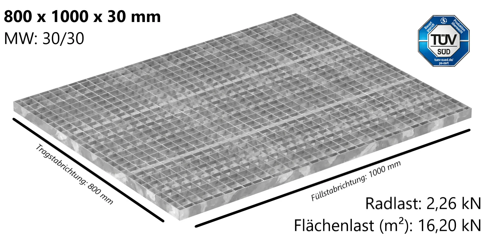 Industrie-Gitterrost - Masse- 800x1000x30 mm; MW 30-30 mm; 30-2 mm - S235JR -St37-2- im Vollbad feuerverzinkt-21-8010030302.7