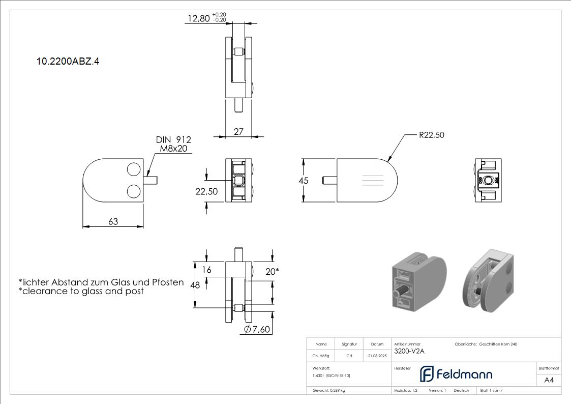 Glasklemme 63x45x28 mm mit AbZ fuer Flachanschluss- V2A-10-2200ABZ.4