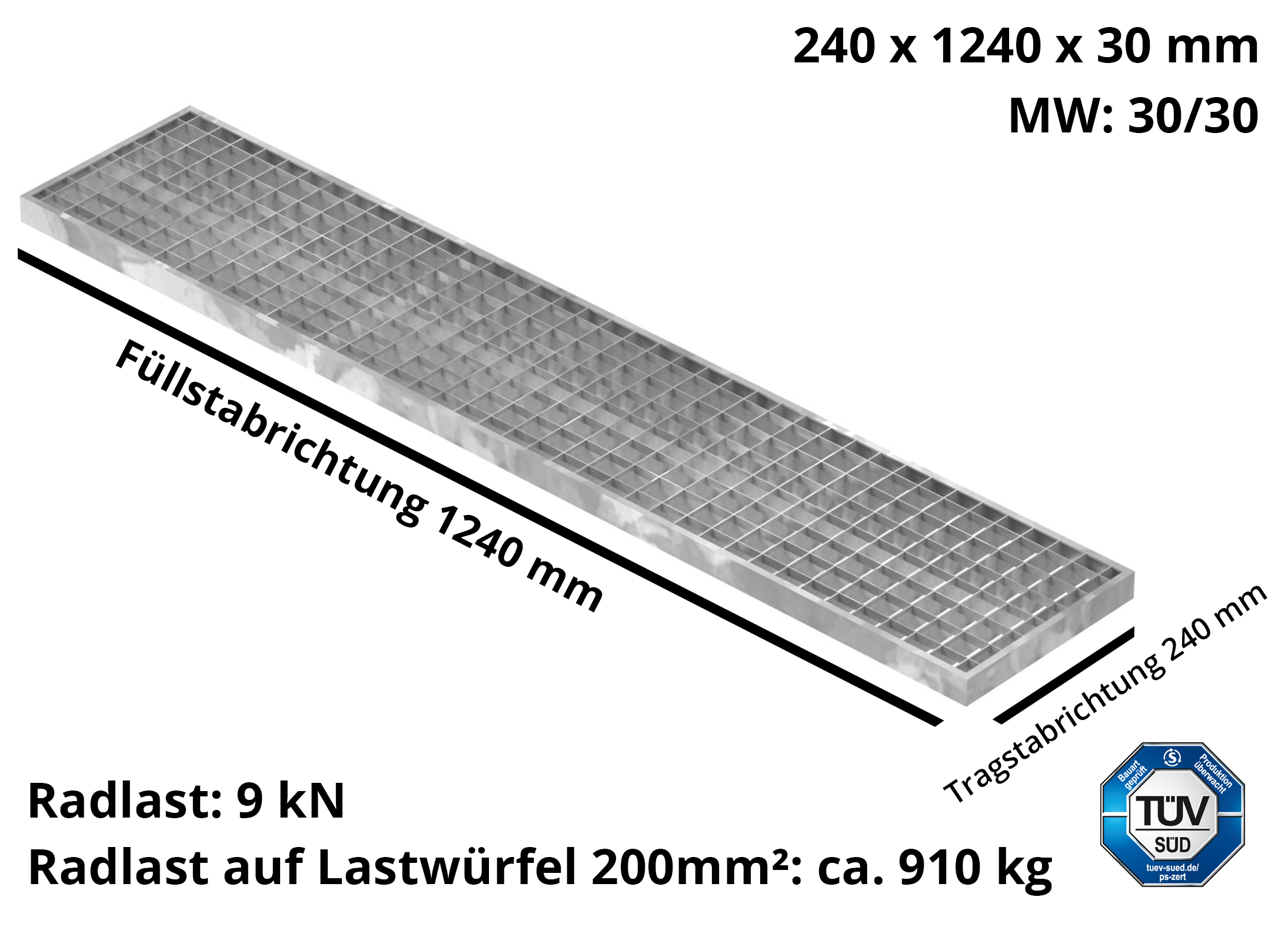 Garagen-Gitterrost - Masse-  240x1240x30 mm 30-30 mm - aus S235JR -St37-2- im Vollbad feuerverzinkt-23-241243030.7
