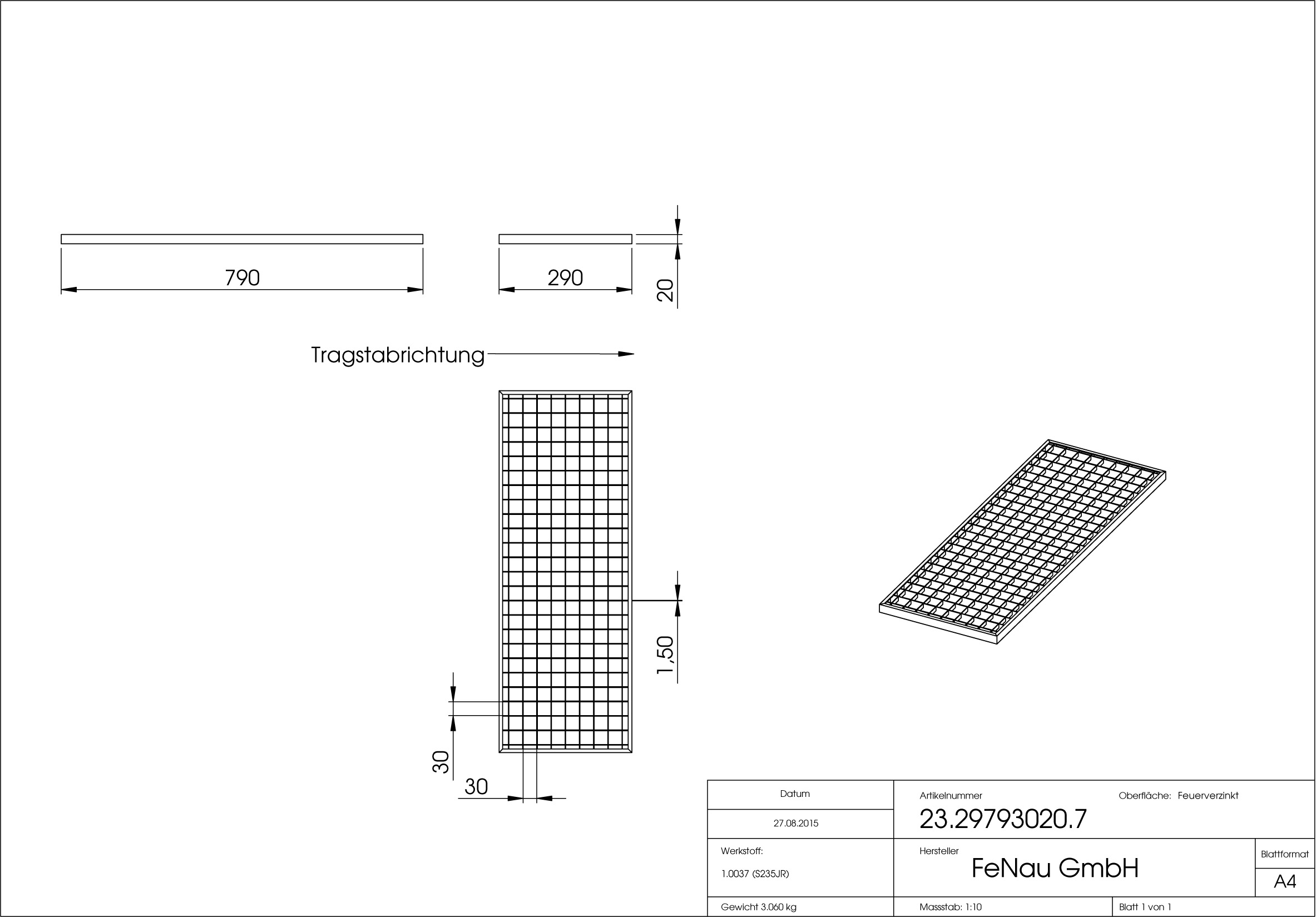 Lichtschachtrost Baunormrost - Masse-  290x790x20 mm 30-30 mm - aus S235JR -St37-2- im Vollbad feuerverzinkt-23-29793020.7