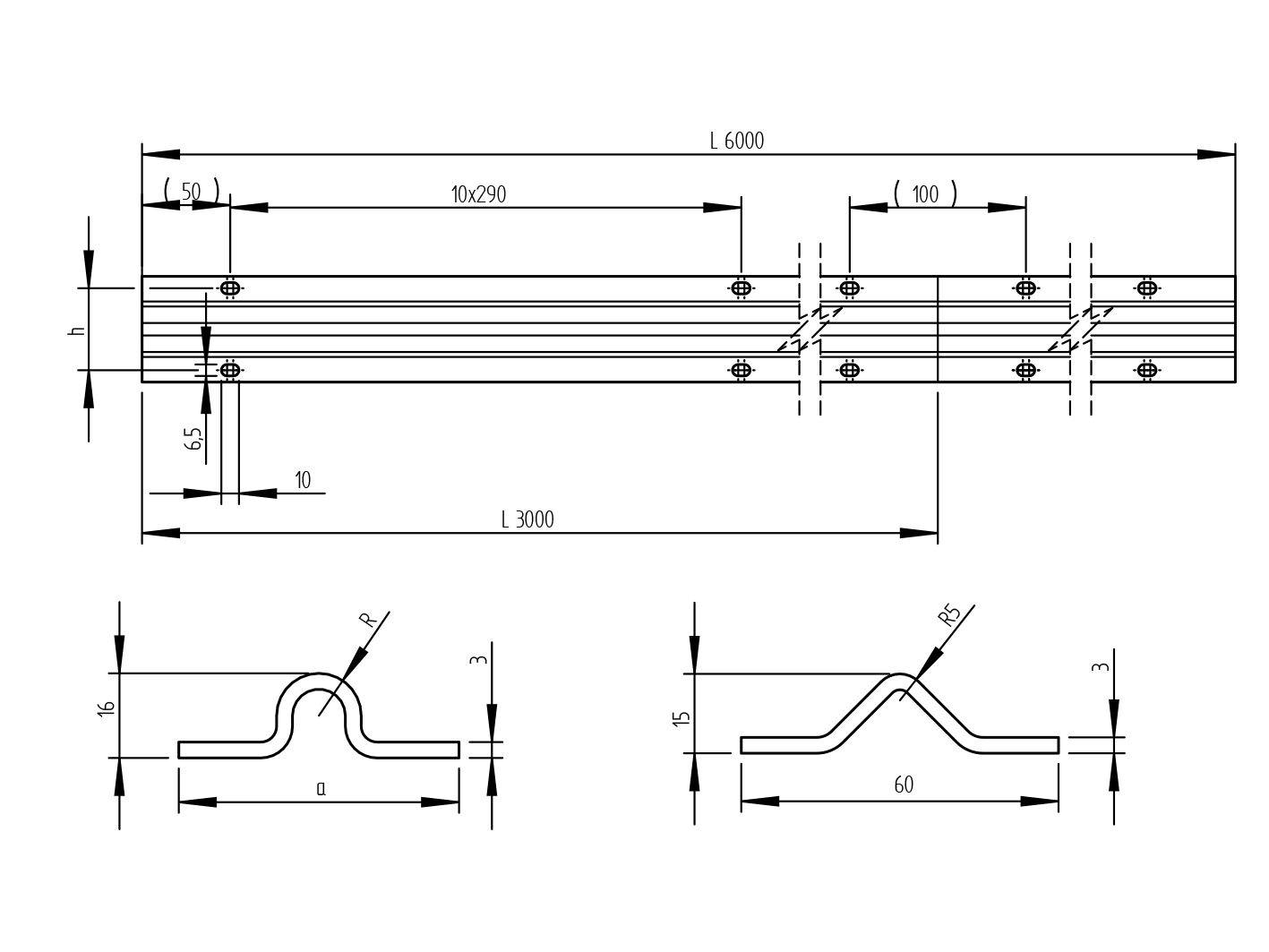 Bodenlaufschiene V-Profil Edelstahl V2A roh L=6000 mm zum Anschrauben-89-11H839V6000-A.4