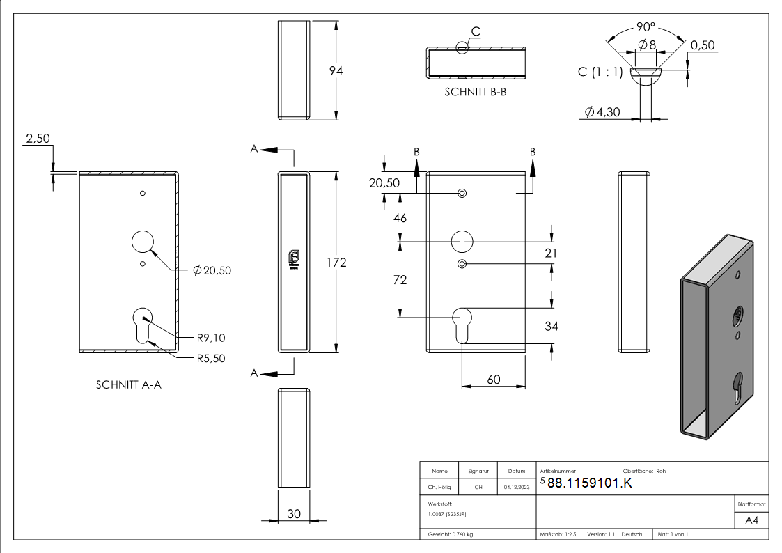 Schlosskasten Stahl 30 x 94-5 x 173 mm roh-88-1159101.K