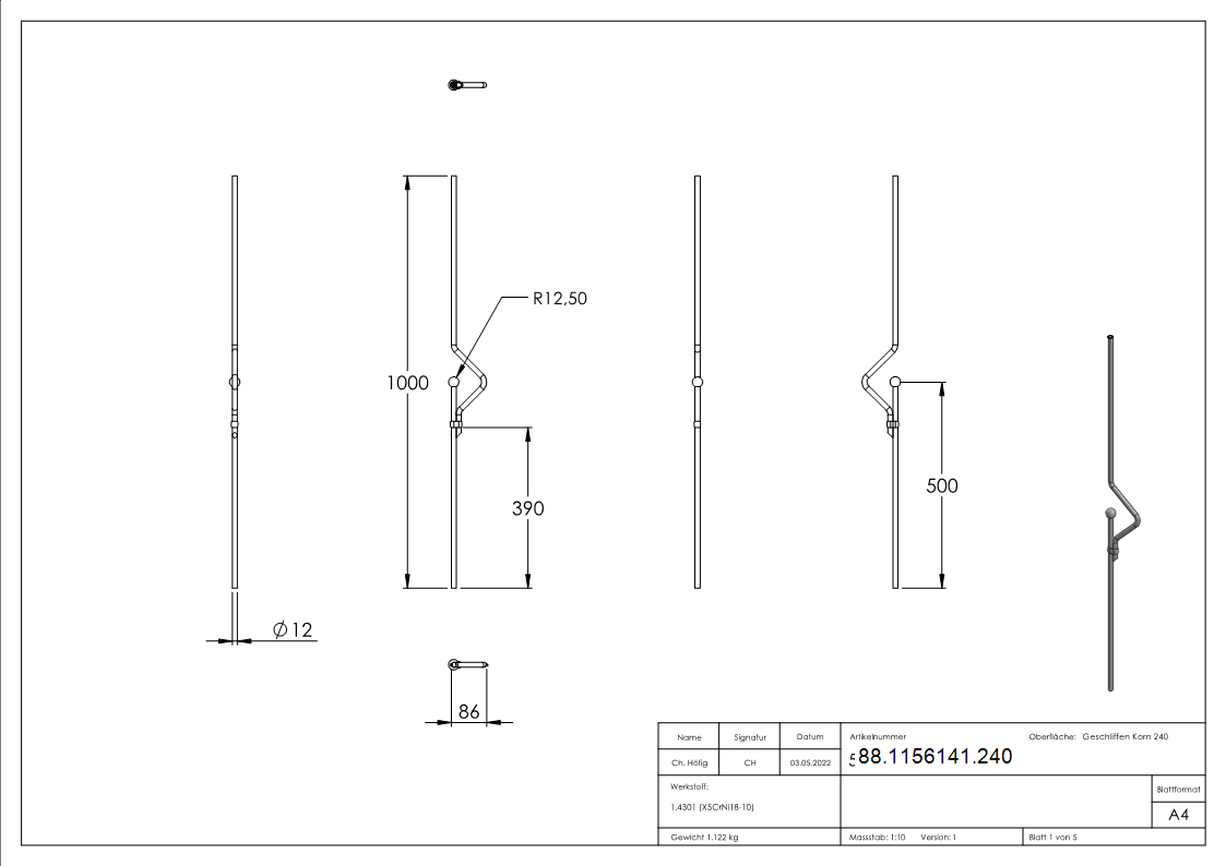 Zierstab Edelstahl V2A Ø 12 mm Kugel Ø 25 mm L 1000 mm geschliffen Korn 240-88-1156141.240