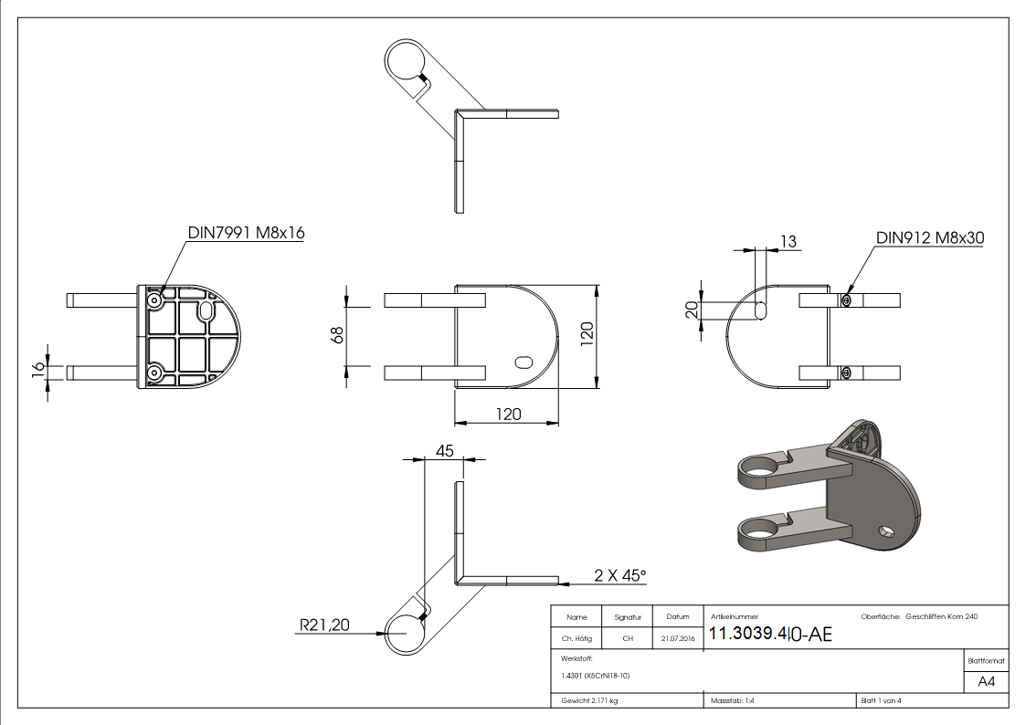 Wandanker  90° Aussenecke zum Spannen fuer Rohr Ø 42-4 mm - V2A-11-3039.4