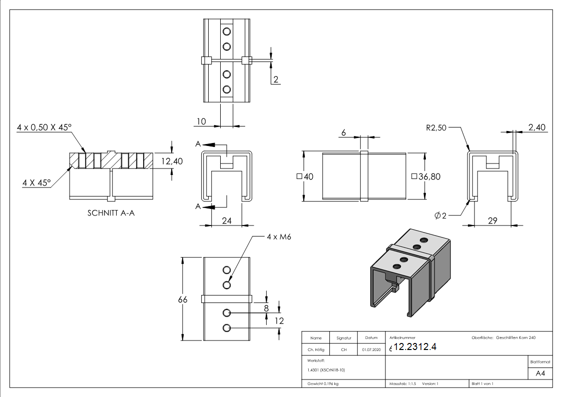 Verbinder - fuer Quadrat-Nutrohr- 40x40 mm - V2A-12-2312.4