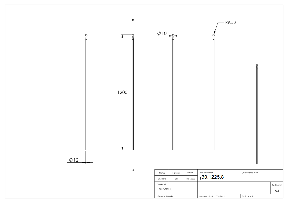 Zaunstab Laenge- 1200 mm Material Ø 12 mm - Kugel Ø 19 mm Stahl S235JR- roh-30-1225.8