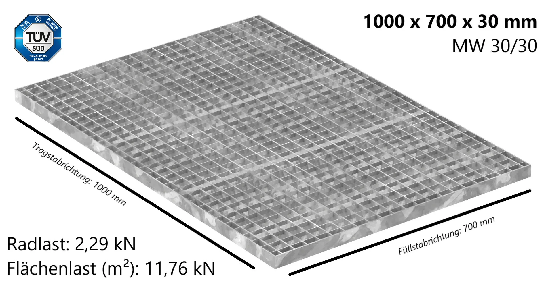 Industrie-Gitterrost - Masse- 1000x700x30 mm; MW 30-30 mm; 30-3 mm - S235JR -St37-2- im Vollbad feuerverzinkt-21-1007030303.7