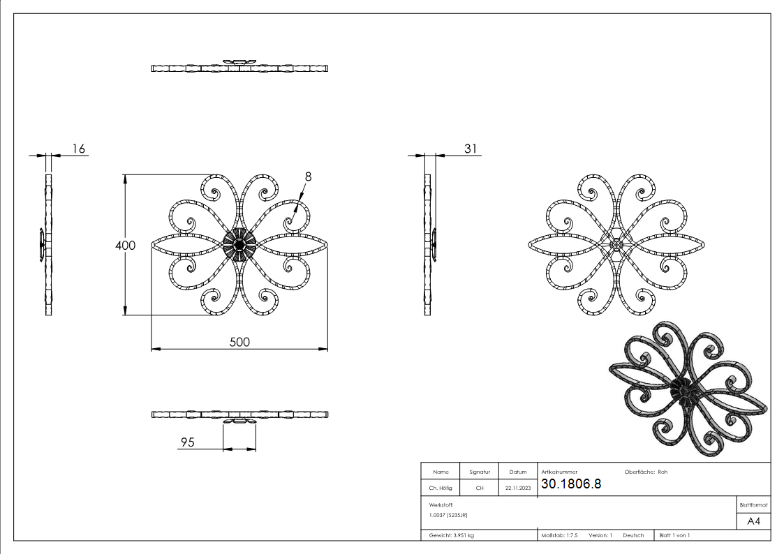 Meisterbarock - Masse- 390x465 mm - Material- 16x8 mm - Stahl S235JR- roh-30-1806.8