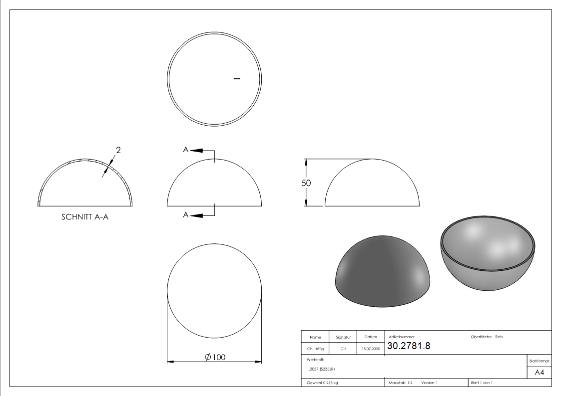 Halbhohlkugel Ø 100 mm - glatt - Stahl S235JR- roh-30-2781.8