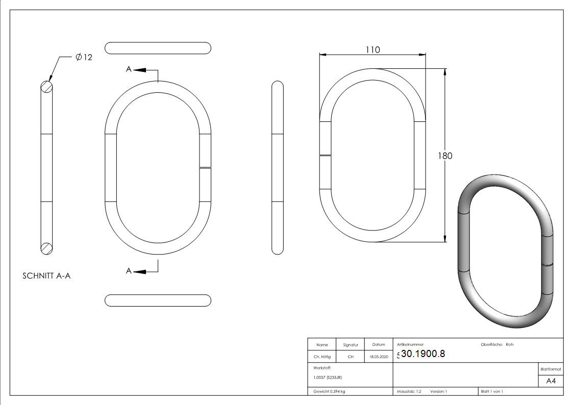 Ring - oval - Material- 12 mm - Aussen-Ø- 180x110 mm - Stahl S235JR- roh-30-1900.8